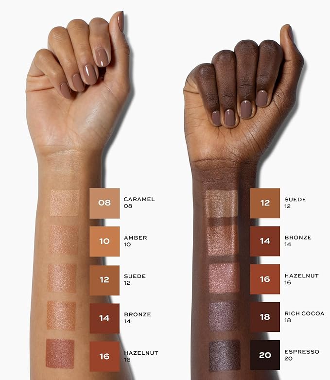 MAKE Beauty Diffusion Dew Skin Tint. Sheer to Medium Coverage Radiant Finish. Blurring, Smoothing, and Brightening for Glowing Complexion. Enhanced with Niacinamide and Adenosine. Caramel 08