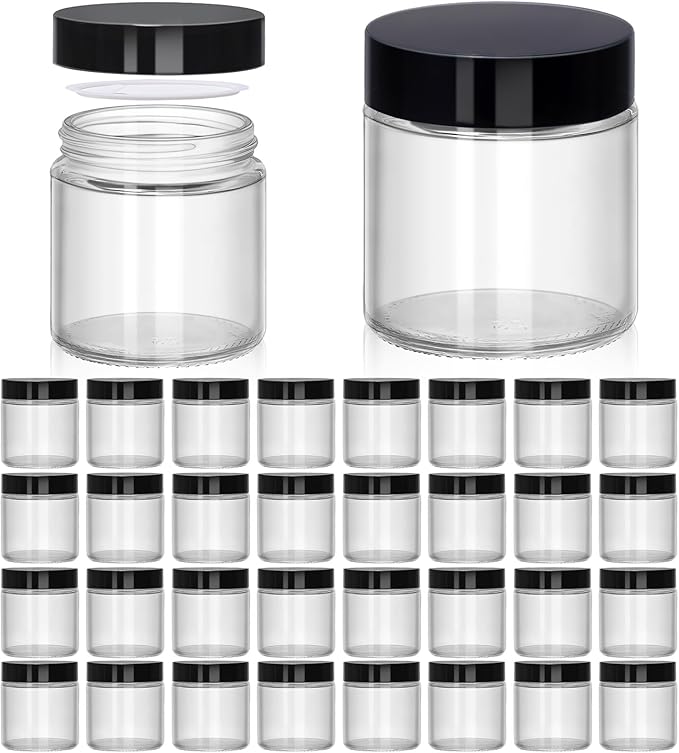 4 oz Clear Glass Jars with Lids - 32 Pack Leakproof Cosmetic Containers with Inner Liners, Wide-Round Smooth Mouth, Sealable for Creams, Lotions, Essential Oils, Body Butter, Travel Samples