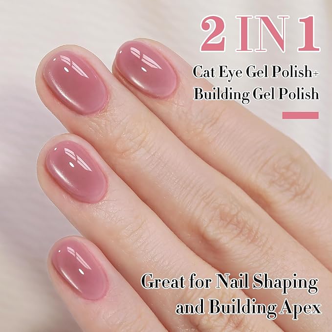 Double Rhythm 0.5 OZ Cat Eye Gel Polish with Magnet 15ML Holographic Glitter Shimmer Translucent Jelly Color Magnetic Polish Salon DIY at Home (Pink Builder-MC1202)