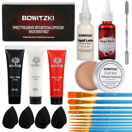 Bowitzki Halloween Makeup Set Special Effects Kit Cream Face Paint Water Based Liquid Latex Fake Blood Brush Sponges Body Painting SFX Zombie Vampire Monster Christmas Party