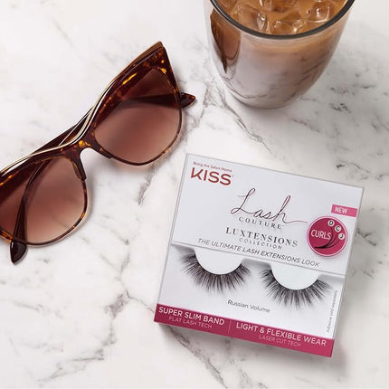 KISS Lash Couture LuXtensions Collection False Eyelashes, Flat Lash Technology, Super Slim Lash Band, Real Lash Extension Fibers, Reusable, Style ‘Russian Volume', 16mm, 1 Pair Strip Lashes