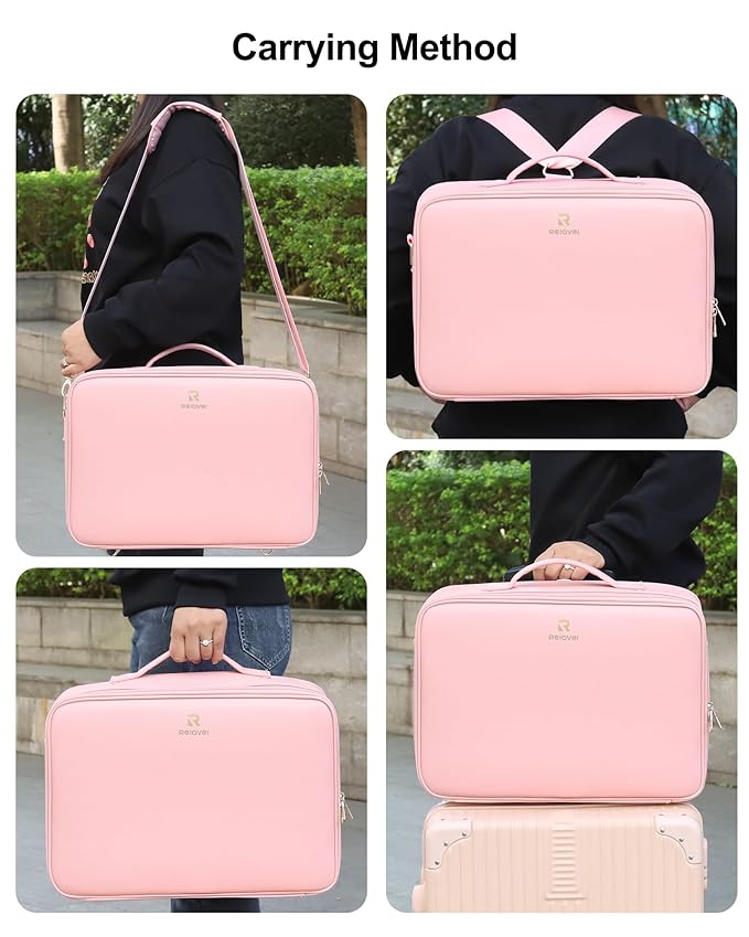 Relavel Makeup Bag with LED Mirror, 16.2 inches Large Professional Makeup Case for Makeup Artists, Travel Portable Cosmetic Organizer Storage Box, Vanity Case with 3 Colors Lighted Mirror, Pink