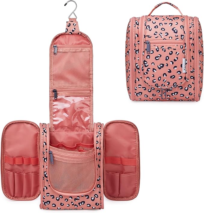 Narwey Cheetah Small Hanging Toiletry Bag Women Travel Makeup Bag Organizer Toiletries Bag for Travel Size Essentials Accessories Cosmetics (Medium, Orange Leopard)