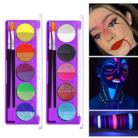 2 Packs Water Activated Eyeliner Palette, Halloween Neon Rainbow Colorful Face Body Paint Colored Liner Makeup Matte Eyeliner with Eyeliner Brushes U V Glow Fluorescent Black White Paint Makeup Set