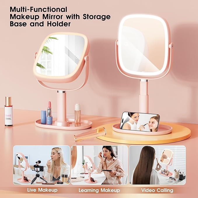 Makeup Mirror with Lights - 10x/1x Magnifying Mirror with Light, Rechargeable Desk Mirror with 3-Color Lighting & Memory Function, 360° Adjustable Table Mirror, Gift for Women (Pink)