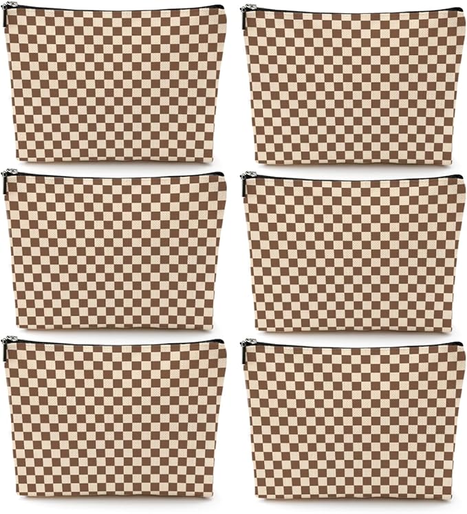 6 Pcs Checkered Makeup Bags Make up Bag Cosmetic Bags for Women Girls Sister Mom Bridesmaid Friendship Christmas Birthday Travel Toiletry Bag Aesthetic Zipper Organizer Accessories, Cute Brown Plaid