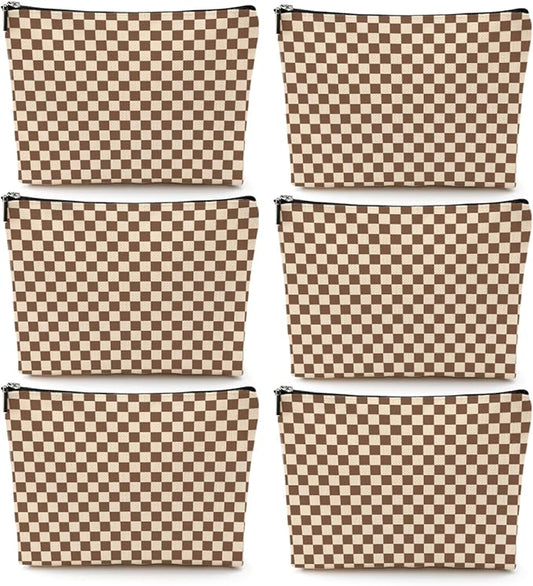 6 Pcs Checkered Makeup Bags Make up Bag Cosmetic Bags for Women Girls Sister Mom Bridesmaid Friendship Christmas Birthday Travel Toiletry Bag Aesthetic Zipper Organizer Accessories, Cute Brown Plaid