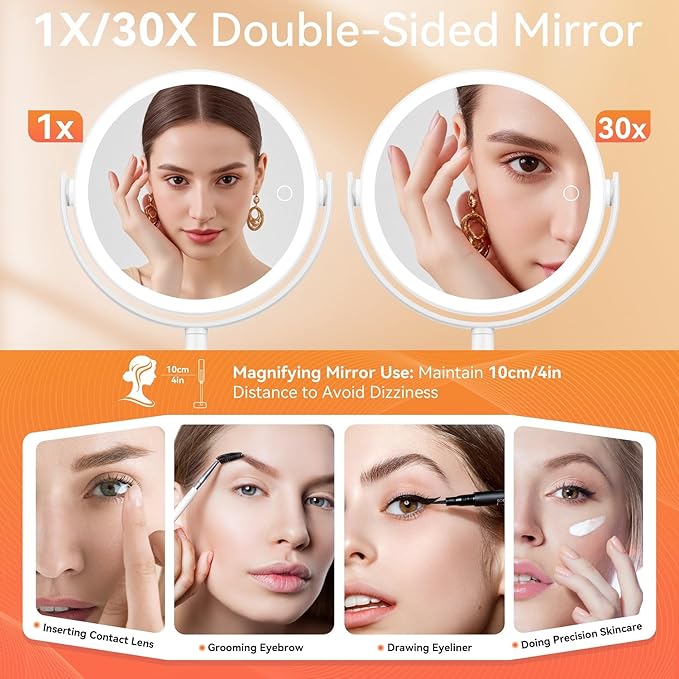 Makeup Mirror with Lights, Double Sided 30X/1X Magnifying Mirror with Light, 3 Color Stepless Dimmable with Touch Screen, Rechargeable 360° Free Standing Vanity Mirrors for Bathroom, Bedroom