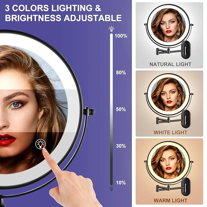 Rechargeable Wall Mounted Makeup Mirror, 8.5 inch Double-Sided 1/10x Magnifying Bathroom Mirror with 3 Color Lights, Lighted Vanity Mirror with 2-Touch Screen Dimming & Luminance Memory