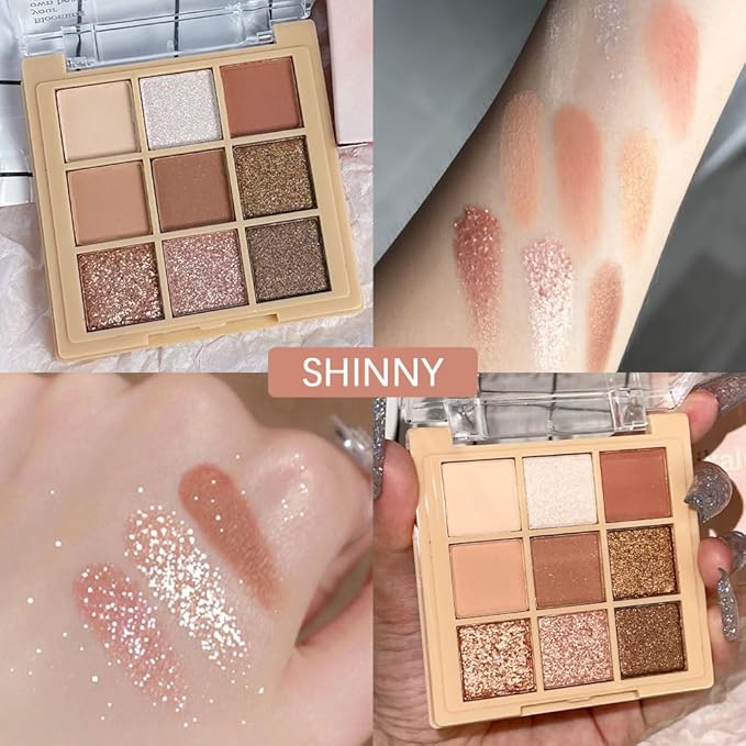 9Colors Nude Champagne Gold Rose Brown Colorful Glitter Eyeshadow Palette Makeup,Korean Natural Neutral Rainbow Eyeshadow Palettes Naturing-Looking Long Lasting Waterproof Blendable