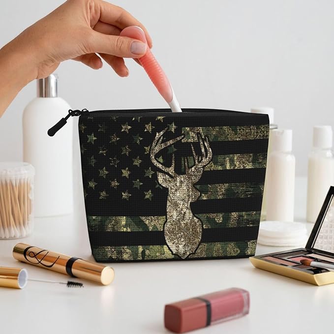 MOLAIGIN Camo Camouflage Hunting Deer American Flag Cosmetic Bag For Women, Travel Makeup Bag, Toiletry Zipper Bag, Large Capacity Aesthetic Cases