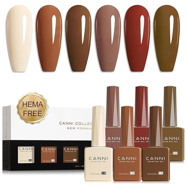 CANNI Brown Nude Gel Nail Polish Set – 6 Colors 9ML (Beige, Chestnut, Khaki, Skin Tone, Taupe), Soak Off UV LED Nail Gel Kit for Winter Nude DIY Manicure