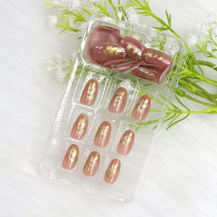 Press on Nails Short Oval Fake Nails with Cat Eye Gold Leaves Designs Nude Pink Glue on Nail Glossy Acrylic Nail Cute Daily Wear Simple Fall Stick on Nail for Women 24 Pcs
