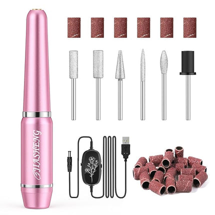 JIASHENG USB Electric Nail Drill, Portable Electric Nail File for Acrylic Gel Nails, Professional Drill Nail Kit Manicure and Pedicure Kit with Drill Bits for Home and Salon Use, Pink