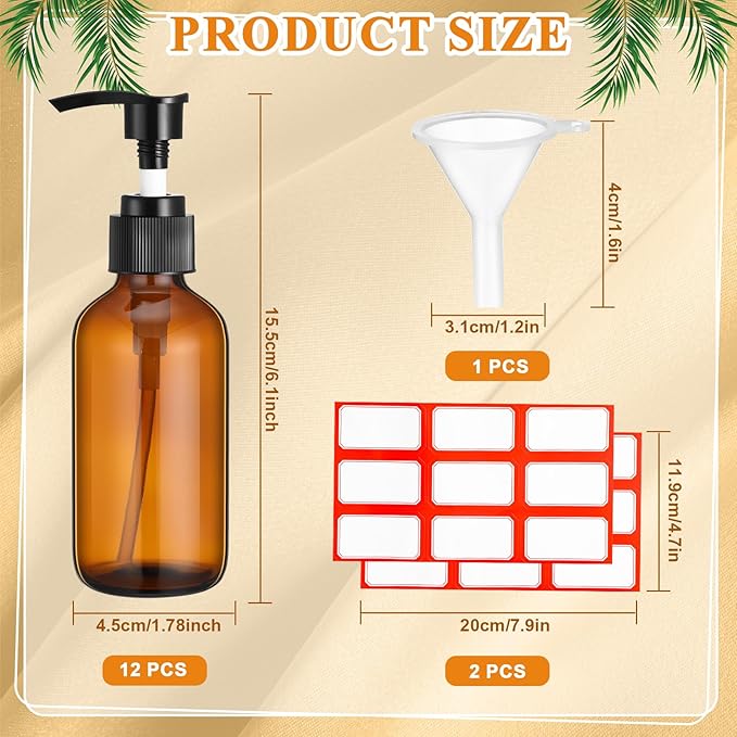 Tanlade 12 Pcs Glass Pump Bottle Dispenser 4 oz Travel Bottles with Pump Refillable Glass Containers for Toiletries Lotion Liquid Soap Shampoo Essential Oils Cosmetic Travel Accessories(Amber)