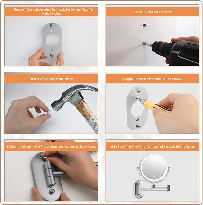 1X/30X Wall Mounted Makeup Mirror with Light, 8" Rechargeable Double-Sided Magnifying Mirror, Vanity Mirror Dimmable 3 Color Light, 360° Extension Rotation Foldable 14.5 Inch Arm, Chrome