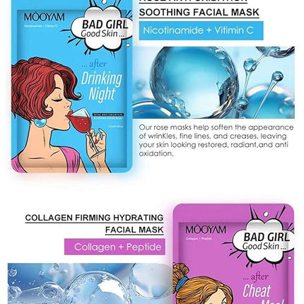BAD GIRL Face Mask Set - 6 Pack Hydrating Sheet Masks for Self Care - Funny Pop Art Beauty Gifts for Women & Teens - Moisturizing, Brightening & Pore Refining - 6 Unique Skin Recovery Formulas