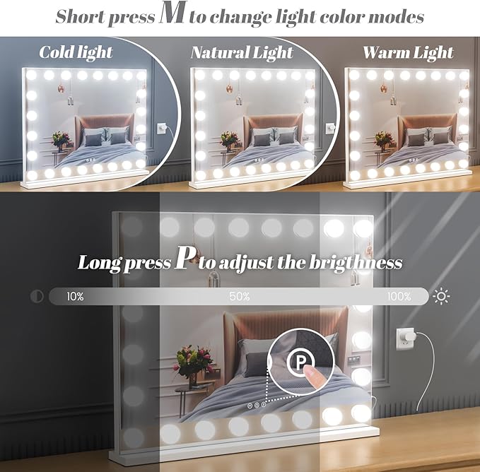 Vanity Mirror with Lights, 32"x 24" Large Hollywood Vanity Mirror with Detachable 10X Magnification & 24 Dimmable 3 Colors Modes LED Bulbs, Tabletop or Wall Mounted,White