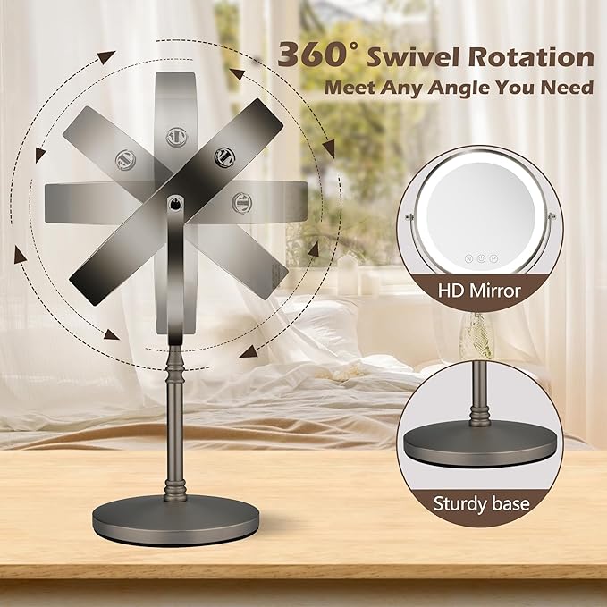 9" Large Lighted Makeup Mirror, 1X/10X Magnifying Mirror with Light, 3 Colors Brightness Adjustable, Rechargeable Double Sided Vanity Mirror with 80 LED Lights Grey