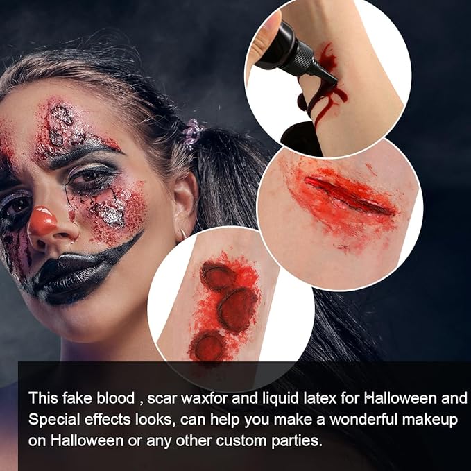 Bowitzki Halloween Makeup Set Special Effects Kit Cream Face Paint Water Based Liquid Latex Fake Blood Brush Sponges Body Painting SFX Zombie Vampire Monster Christmas Party