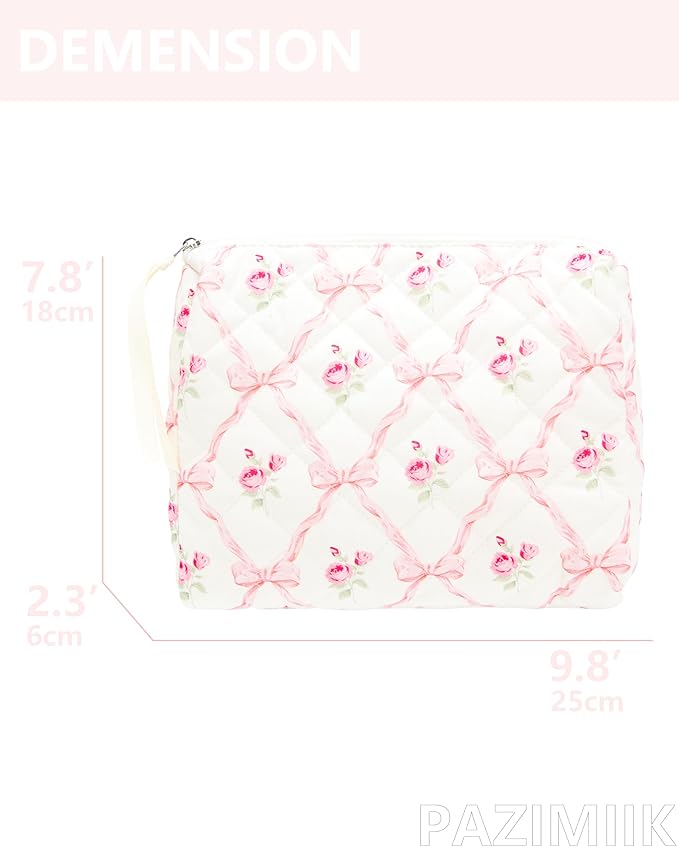 PAZIMIIK Quilted Makeup Bag Large Travel Zipper Soft Cosmetic Pouch for Women Girls Make Up,Bow Rose
