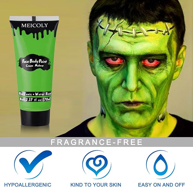 MEICOLY Light Green Face Body Paint(2.37Oz),Lime Light Green Face Paint for Camouflage Hunting Hulk Gamora,Halloween SFX Witch Makeup,St Patrick's Day Face Paint Makeup Accessories