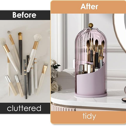 Makeup Brush Holder with Lid 360 Rotating Clear Dustproof Make Up Organizers for Vanity Bathroom Countertop, Pink