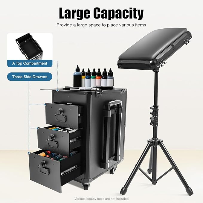 Tattoo Trolley Case, Tattoo Artist Outing Tools Work Station with 3 Drawers & 3-Digit Lock & Armrest Stand, Potable Rolling Makeup Case, Professional Traveling Manicure Table Cosmetic Train Case