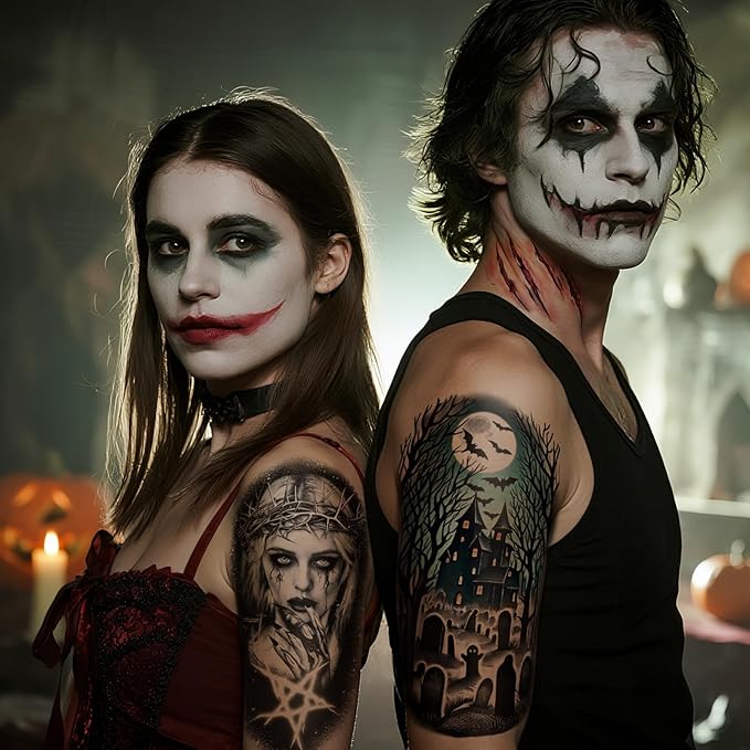 77 PCS Halloween Temporary Tattoos Adult Kids, 17 PCS Half Arm Pumpkin Bat Crow Witch Skull Fake Tattoos, 60 PCS Spider Cat Ghost Scar Tiny Realistic Face Body Tattoos Stickers for Halloween Costume