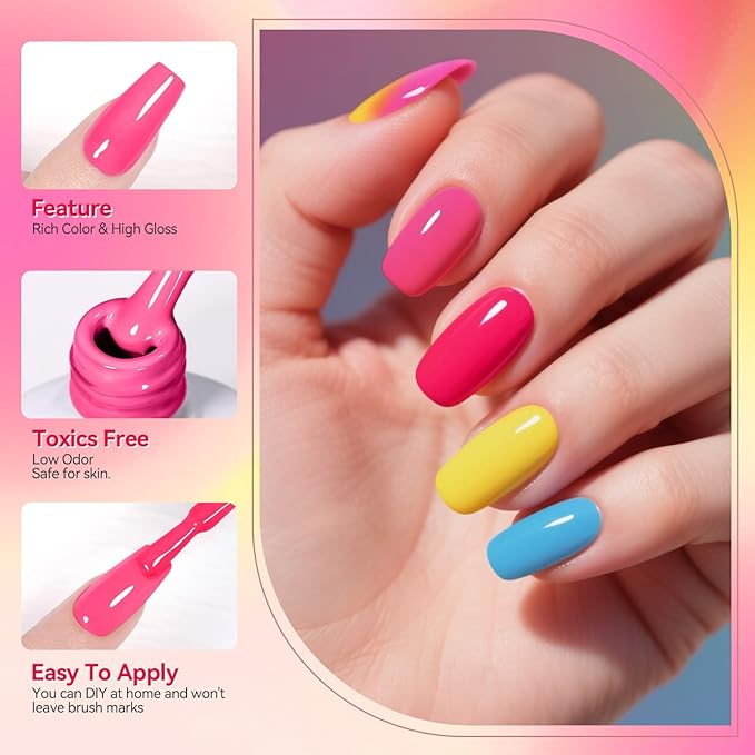 Born Pretty Neon Gel Nail Polish Spring Summer Hot Pink Green Blue Yellow Bright Rainbow Candy Sweet Color Gel Polish Kit Nail Art Manicure DIY Home Salon 6PCS