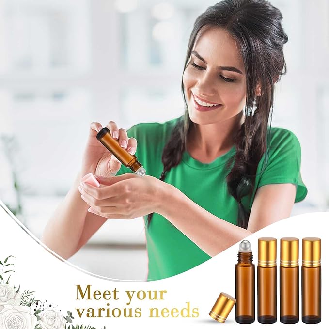 Sumind 150 Pcs Essential Oil Roller Bottles 10 ml Glass Empty Roll on Bottles with Stainless Steel Balls Leak Proof with 5 Funnel for Travel Essential Oil(Amber, Gold)