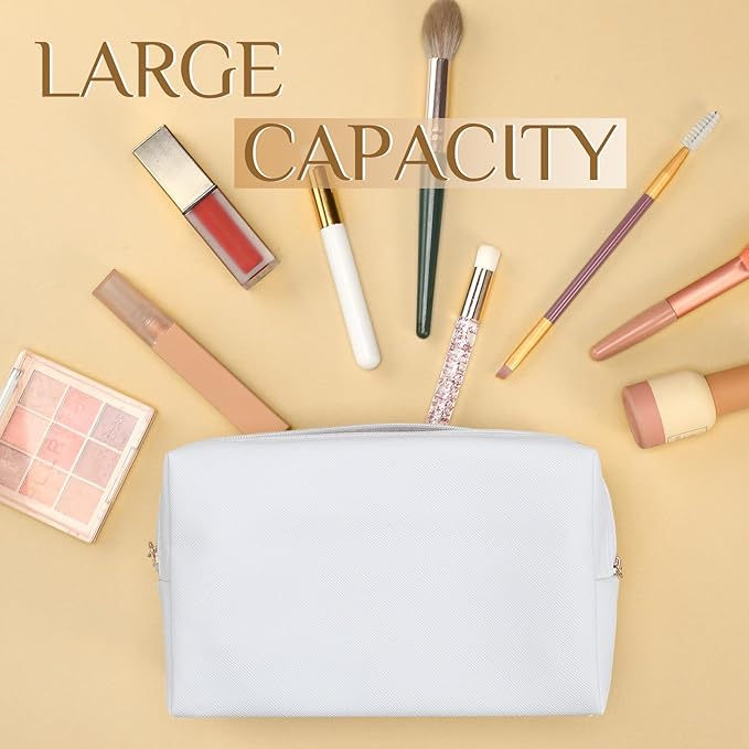 Cunno 50 Pcs Makeup Bag Bulk PU Leather DIY Cosmetic Plain Preppy Makeup Pouch Portable Waterproof Toiletry Bags for Women Travel Pencil Case Cosmetic Organizer (White)