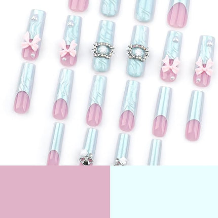 RUOKEXIN Long Square Press-on French Tip False Nails with 3D Flower Bow Heart Designs - Sparkly Artificial, Glue-on Nails - Cute Stick-on - 24pcs