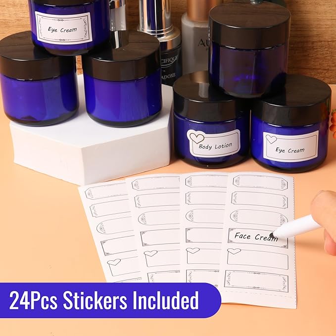 2 oz Blue Glass Jars with Lids 24Pack, Small Jars with Lids 2 oz with Inner Liners for Sample, Powder, Cream, Lotion and Ointments with Stickers & Spatulas Included