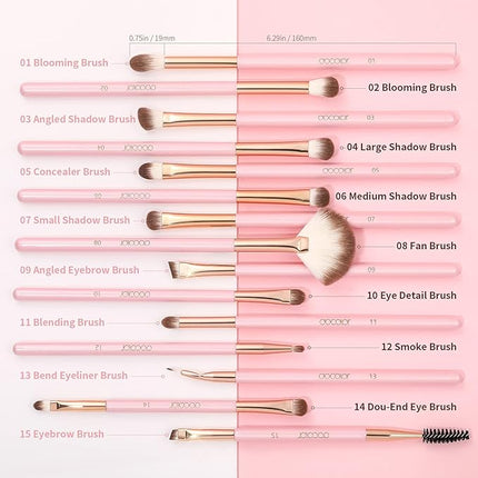 Docolor Eye Makeup Brushes 15Pcs Eyeshadow Brush Set with Soft Synthetic Hairs Professional Eye Shadow Blending Concealer Eyebrow Eyelash Eye Liners Premium Eye Make Up Brushes Set (Pink)
