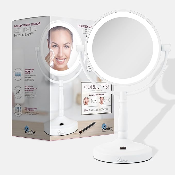 Zadro 9" Round LED Makeup Mirror with Lights and Magnification 5&10X/1X AA Battery Operated Swivel Lighted Makeup Mirror