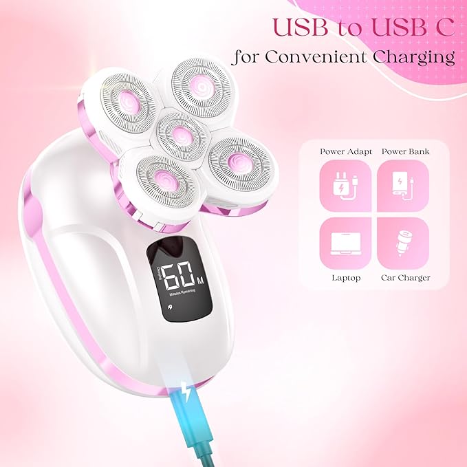 Electric Razors for Women, Rechargeable Rotary Painless Shaver for Legs Bikini Facial Hair Removal, Cordless Womens Trimmer for Lady Grooming, Body Wet/Dry Razor Water Resistant Grooming Kit（Pink）