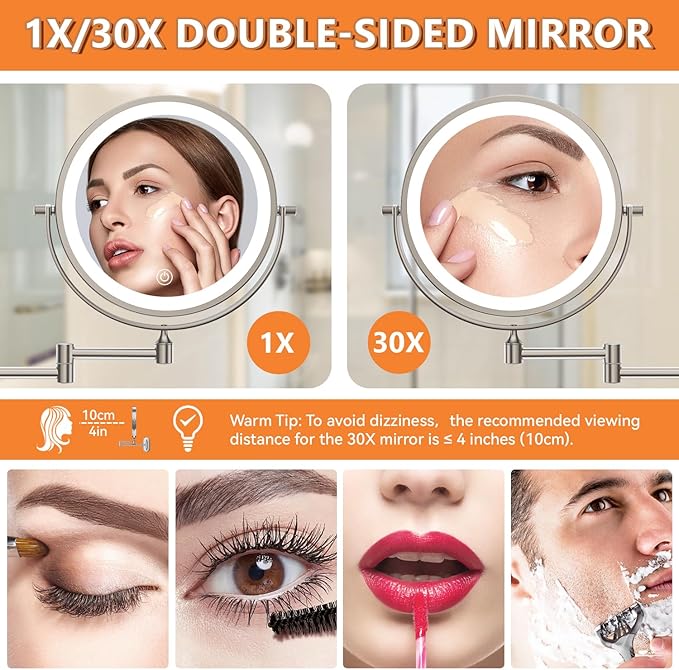 1X/30X Wall Mounted Lighted Makeup Mirror, 8" 3200 mAh Rechargeable Double-Sided Magnifying Mirror, Touch Dimmable 3 Color Lights, 360° Rotating Foldable 14.5" Extension Arm, Brushed Nickel