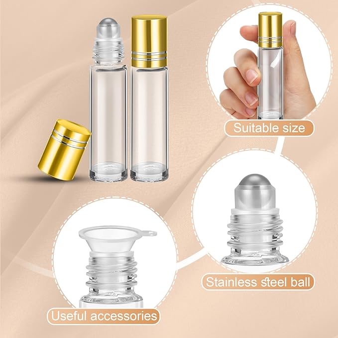 Sumind Essential Oil Roller Bottles - 250 Pcs, 10 ml Glass, Stainless Steel Roller Balls, Leakproof, Funnel Included(Clear with Gold Cap)