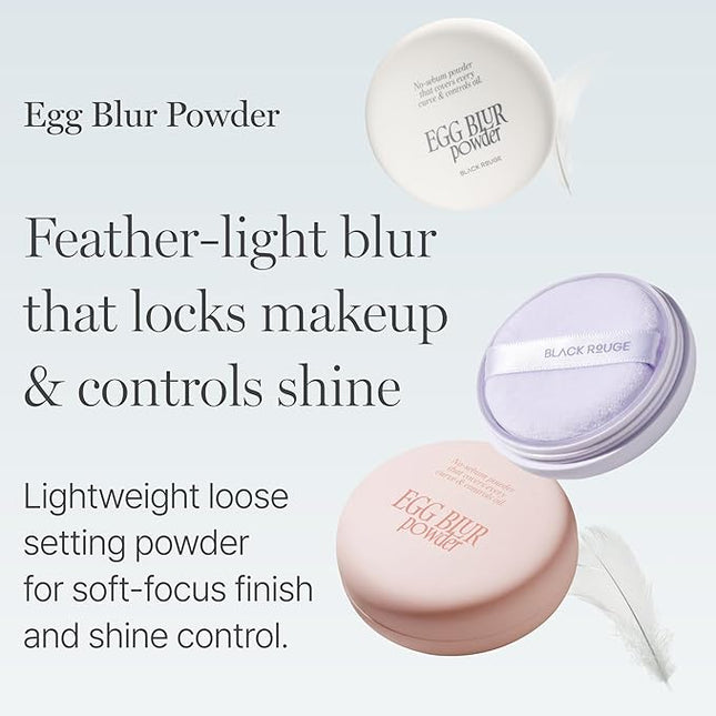BLACK ROUGE, Egg Blur Powder, EP02 Nu peach, Loose Face Powder, Korean Makeup Oil Control Compact with Puff, Lightweight Long-Lasting Setting Powder in White, Peach & Purple, 0.17oz