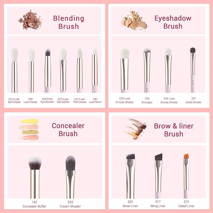 Jessup Eyeshadow Brushes 15pcs, Natural Eye Brush Set for Eyeshadow Blending Concealer Eyebrow Eyeliner, Blushing Bride T294