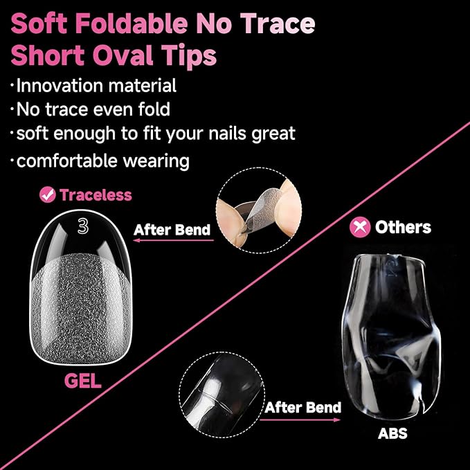 UNA GELLA Short Oval Round Nail Tips, Soft Gel Pre-shaped Half Matte Short Oval Gel Nail Tips Full Cover Acrylic Press on Fake Nails for Nail Extension Art DIY Nail Salon 216Pcs 12 Sizes