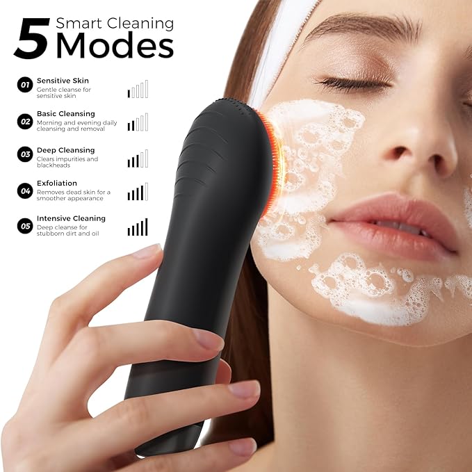 Facial Cleansing Brush Face Scrubber - Rechargeable Electric Face Cleansing Brush with 4 LED Gentle Light Liquid Silicone Modes Exfoliator,IPX7 Waterproof Ideal Gift for Men and Women-Black