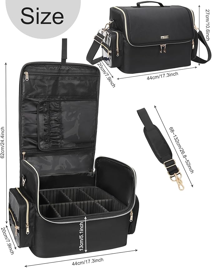 Extra Large Makeup Bag Professional Makeup Artist Bag Tattoo Case Cosmetic Train Case Travel Makeup Organizer Box with Adjustable Dividers (Black, Extra Large)