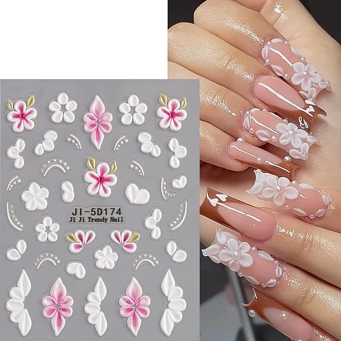 5D Embossed Flowers Nail Art Stickers, 5PCS Self-Adhesive Pink White Flower Sticker Floral Petals Cherry Blossom Butterfly Nail Decals French Tips Design Pegatinas para Uñas