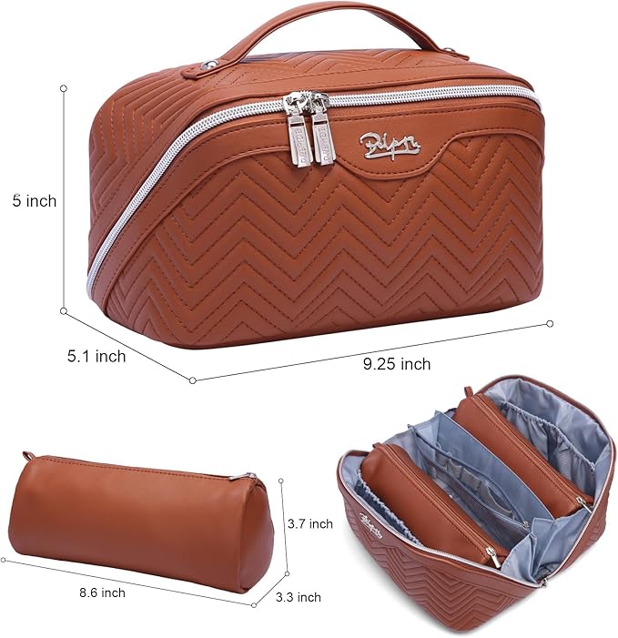 Travel Makeup Bags Cosmetic Organizer Bag: Quilted Make up Bag Set of 3 - PU Leather Toiletry Bags for Women - Portable Makeup Organizer with Compartments & Handle & Divider(14 Brown)