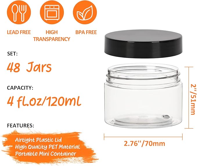 Clear 4 oz Plastic Jars with Lids & Labels - Refillable Cosmetic Small Containers with Black Screw Lid/Slime Containers (4 fl.oz, 48Pack)