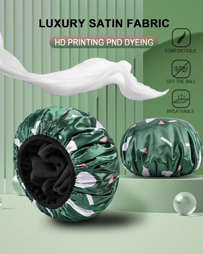 YIZIJIZI Triple Layer Reusable Waterproof Shower Cap for Women Large Terry Lined Hair Cap for Long Thick Hair Travel Bath Care Green Flowers