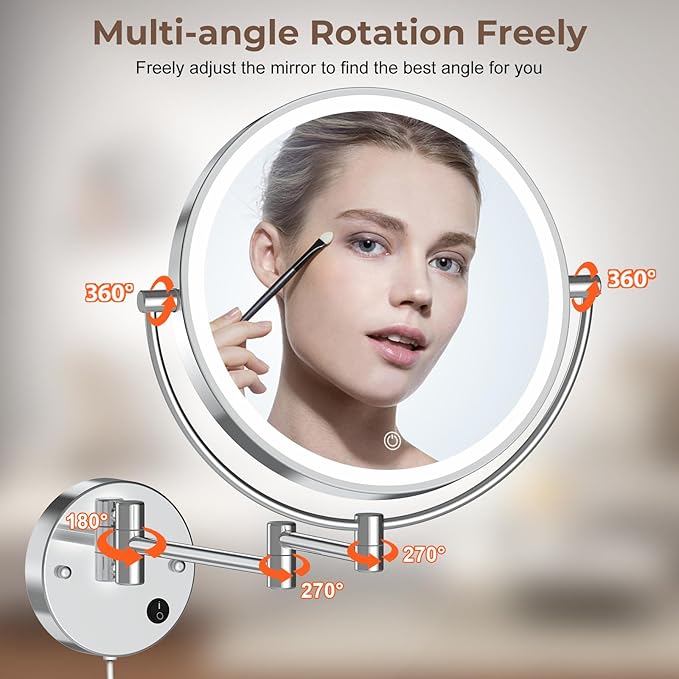 Rocollos 9" Plug-in Wall Mounted Lighted Makeup Mirror 1X/10X Magnification, Super Large Double Sided LED Vanity Mirror for Bathroom, 3 Color Dimmable 360°Swivel Extendable Shaving Cosmetic Mirror