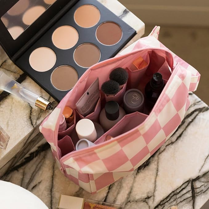 Tiny Twinkle Portable Waterproof Makeup Bag | Travel-Friendly Cosmetic Organizer with Convenient Carry Handle | Spacious Interior, and Secure Zipper Closure (Pink Checkers)